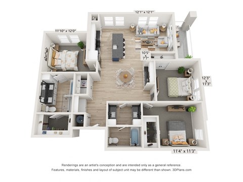 Floor plan for 3 beds, 2 baths, 1457 sqft